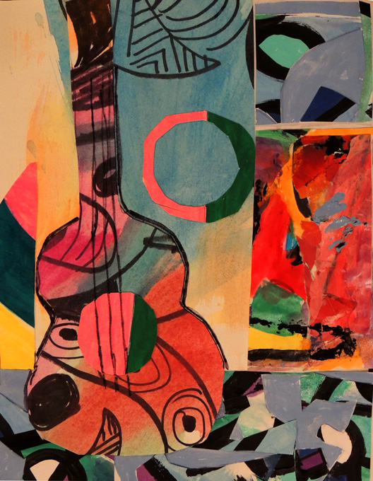 Colorful paper collage of guitars